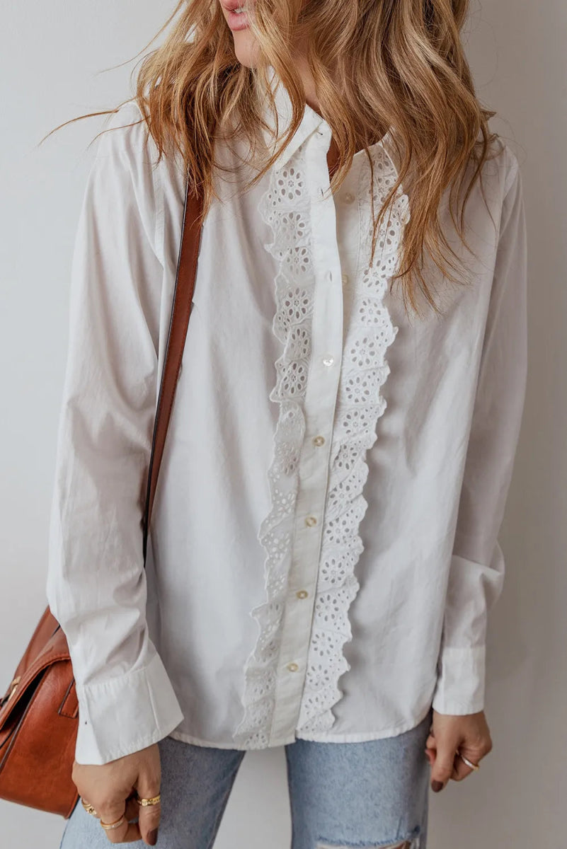 Eyelet Button Down Long Sleeve Shirt - CELIVINE