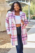 Double Take Full Size Plaid Button Up Lapel Collar Coat - CELIVINE