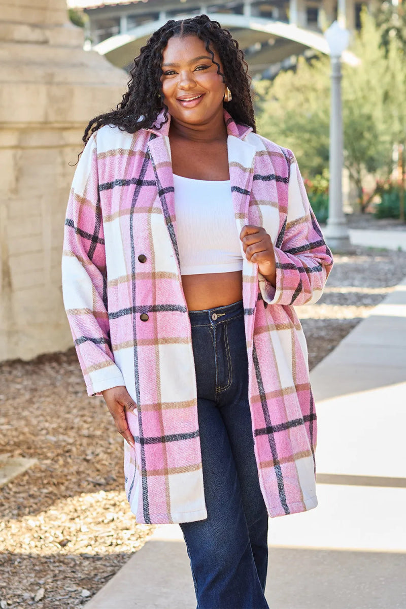 Double Take Full Size Plaid Button Up Lapel Collar Coat - CELIVINE