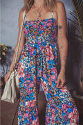 Floral Smocked Spaghetti Straps Wide Leg Jumpsuit - CELIVINE