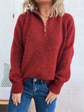 Quarter Zip Ribbed Hem Sweater - CELIVINE