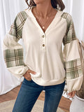 Plaid V - Neck Button Front Sweatshirt - CELIVINE