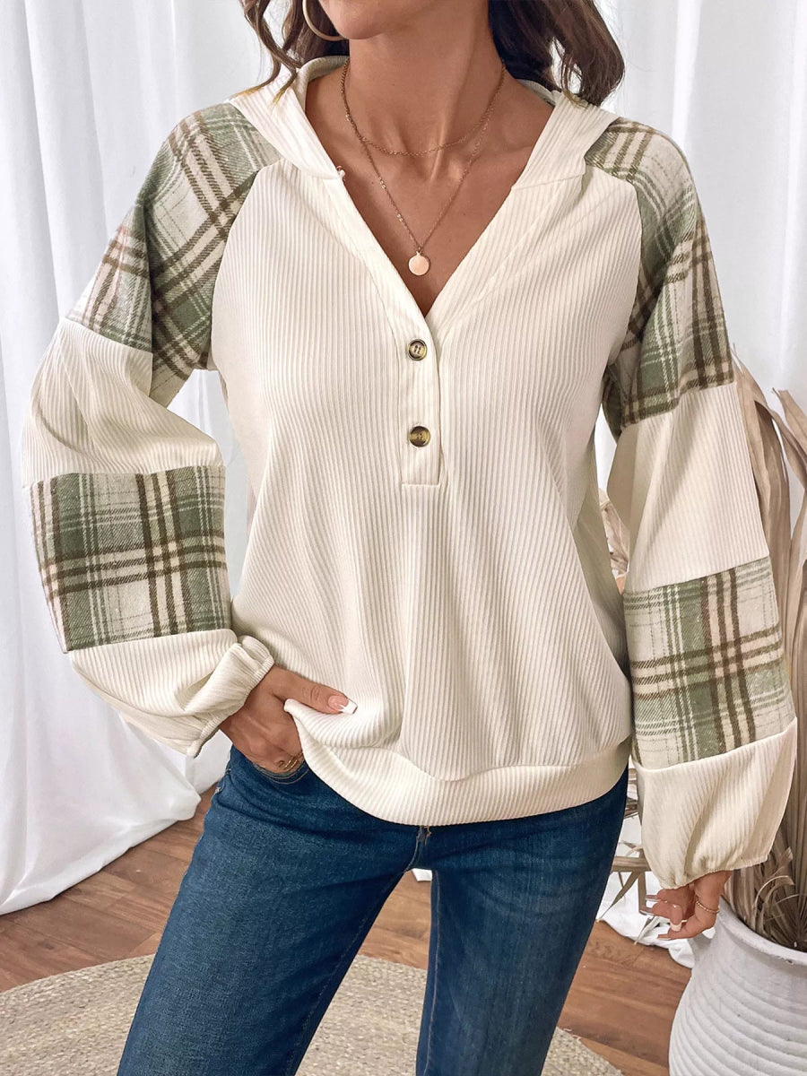 Plaid V - Neck Button Front Sweatshirt - CELIVINE