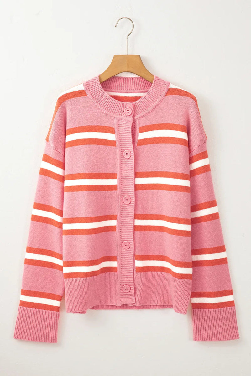 Striped Button Down Long Sleeve Cardigan - CELIVINE
