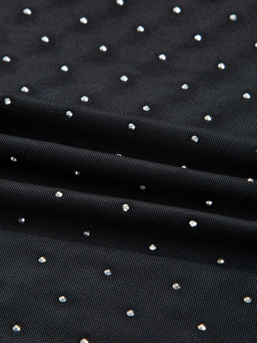 Rhinestone Embellished Mesh Long Sleeve Top - CELIVINE