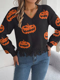 Halloween Pumpkin Pattern Raw Hem V - Neck Sweater - CELIVINE