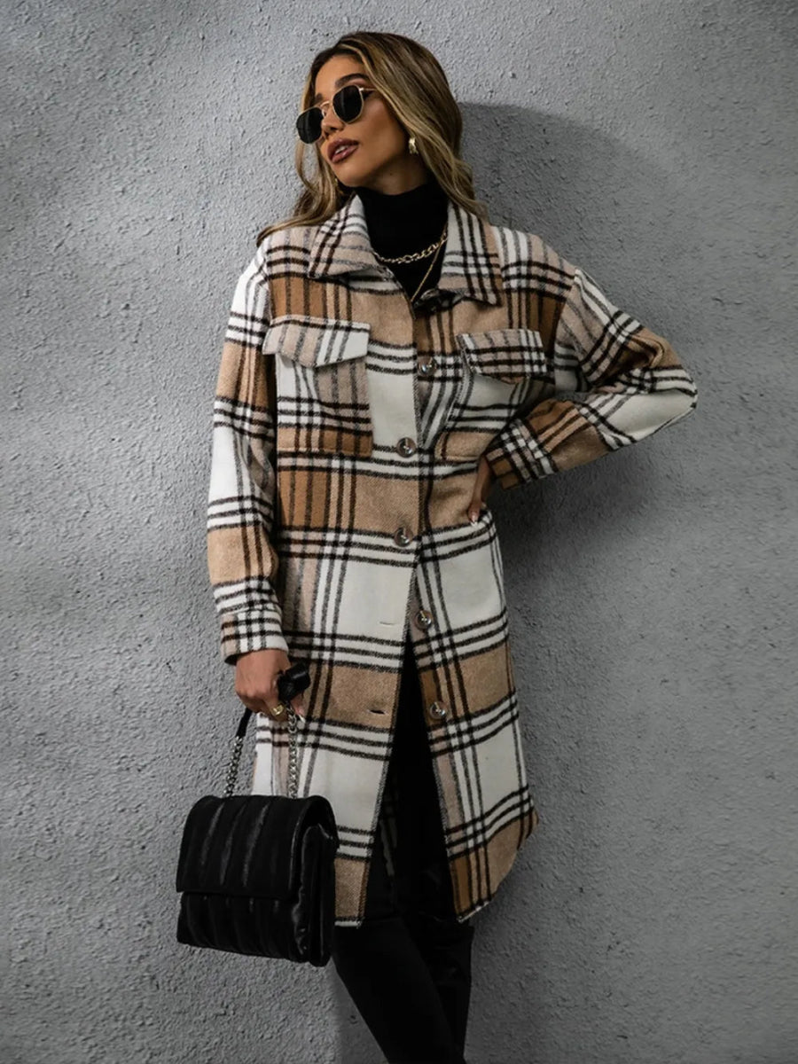 Plaid Collared Neck Long Sleeve Coat - CELIVINE