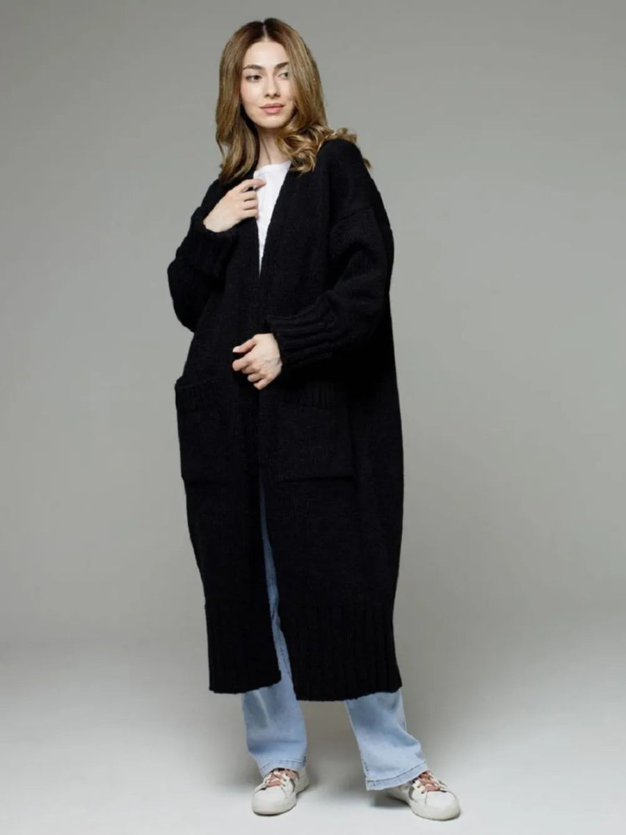 Pocketed Open Front Dropped Shoulder Cardigan - CELIVINE
