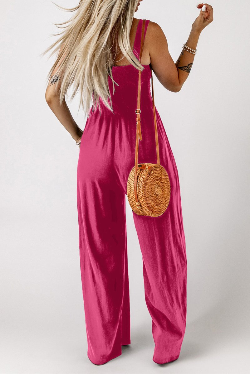 Smocked Square Neck Wide Leg Jumpsuit with Pockets - CELIVINE