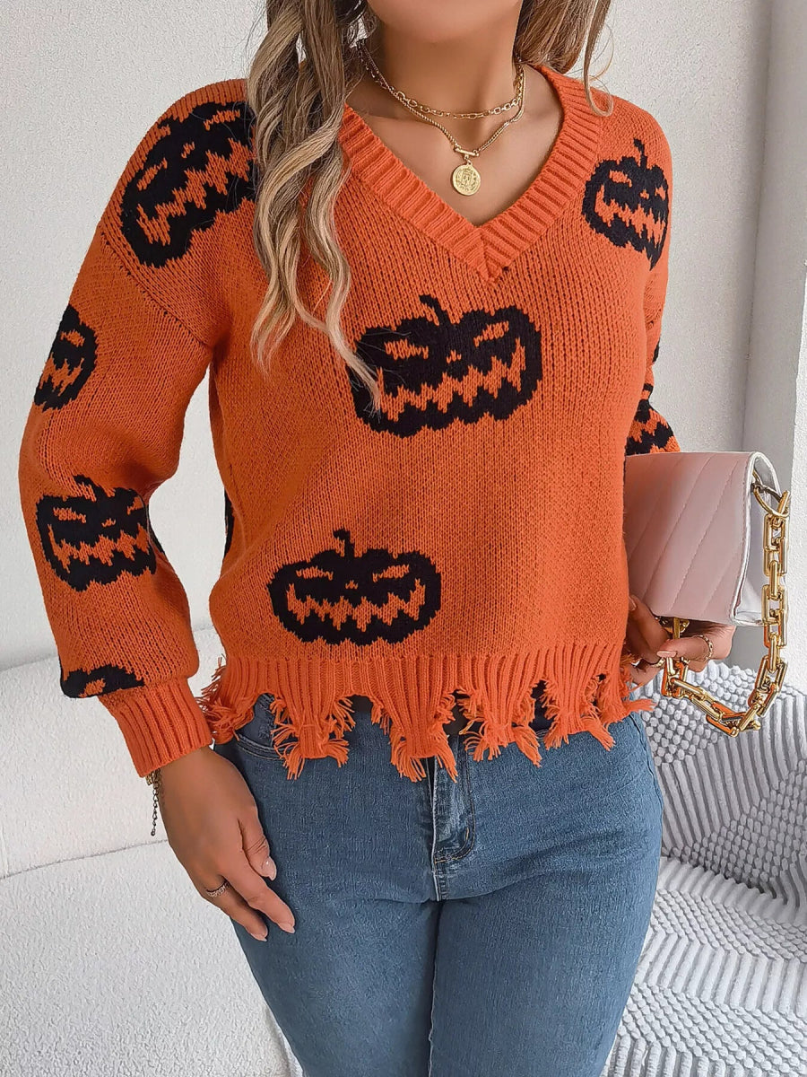 Halloween Pumpkin Pattern Raw Hem V - Neck Sweater - CELIVINE