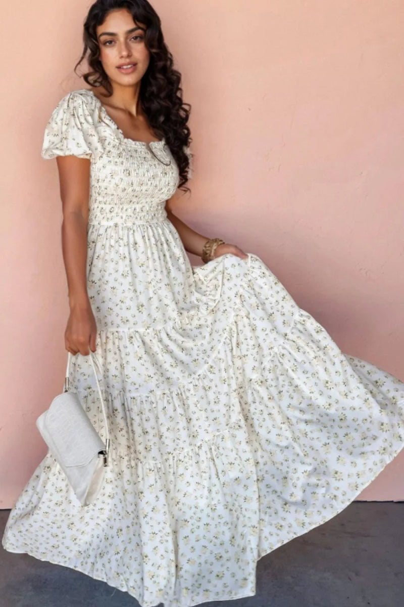 Floral Smocked Short Puff Sleeve Maxi Dress - CELIVINE