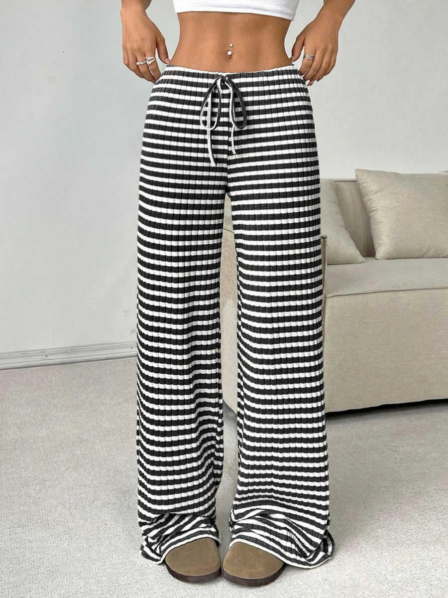 Striped Wide Leg Drawstring Pants - CELIVINE