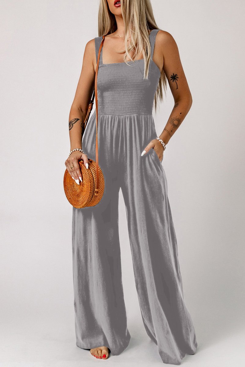 Smocked Square Neck Wide Leg Jumpsuit with Pockets - CELIVINE