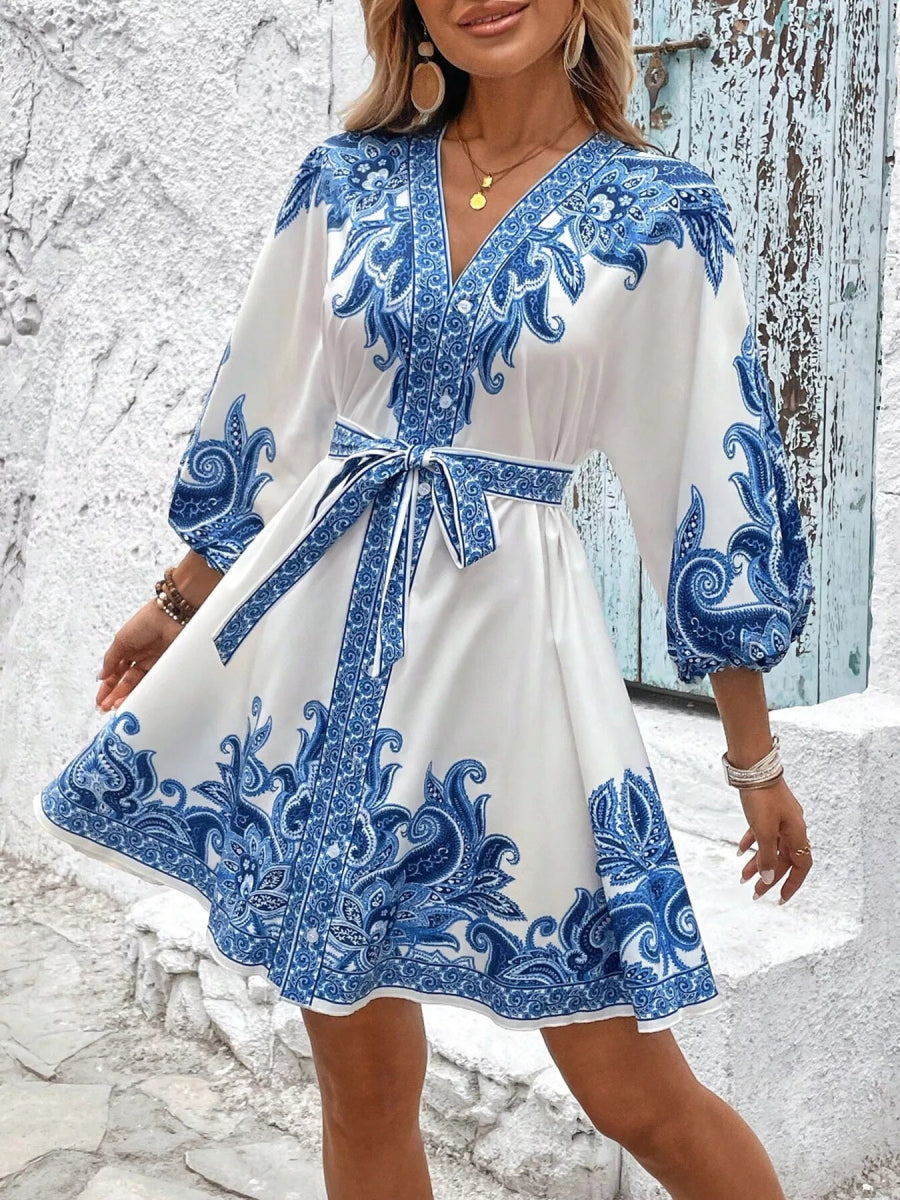 Printed Balloon Sleeve Mini Dress - CELIVINE