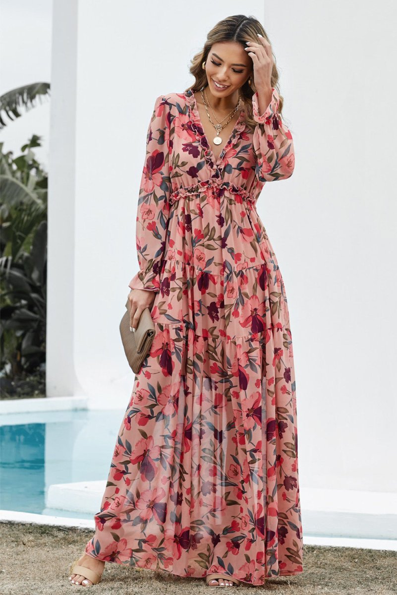 Floral Frill Trim Flounce Sleeve Plunge Maxi Dress - CELIVINE