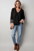 Color Block Tie Neck Long Sleeve Top - CELIVINE