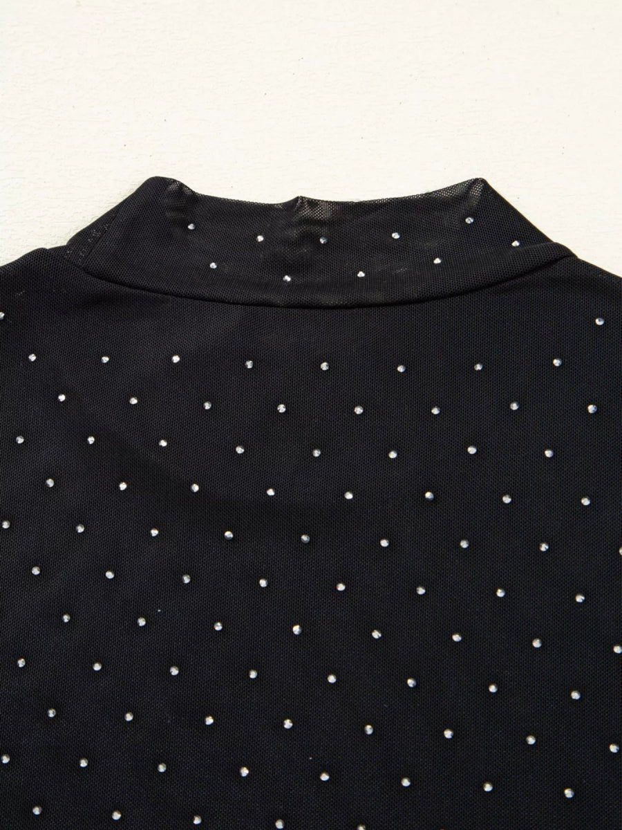 Rhinestone Embellished Mesh Long Sleeve Top - CELIVINE