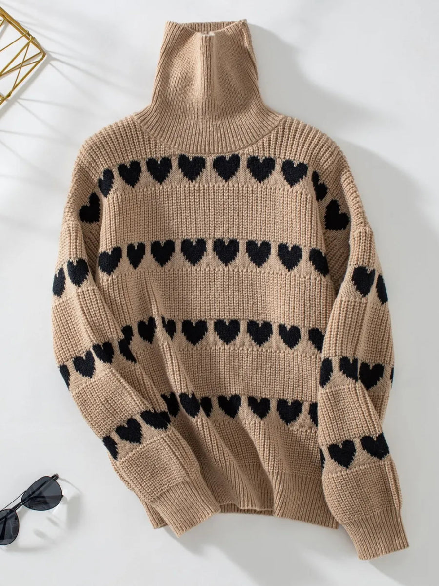 Heart Turtleneck Dropped Shoulder Sweater - CELIVINE