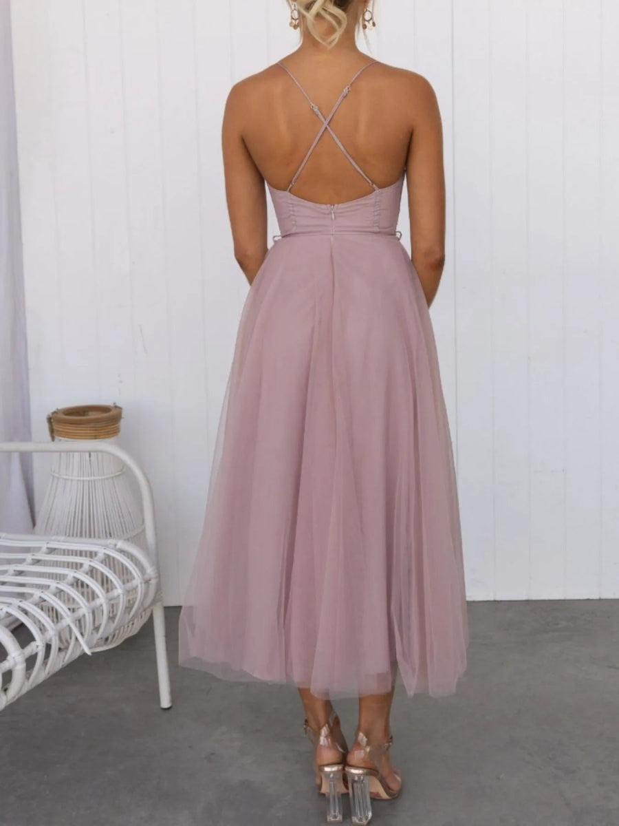 Sweetheart Neck Tulle Midi Dress - CELIVINE