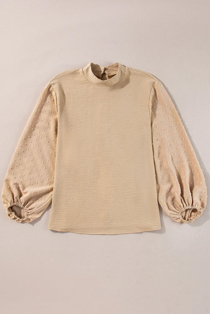 Swiss Dot Mock Neck Balloon Sleeve Blouse - CELIVINE