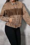 Fringe Trim Snap Down Denim Jacket - CELIVINE