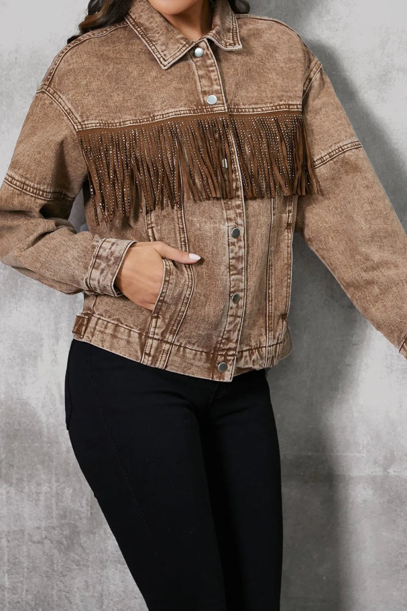 Fringe Trim Snap Down Denim Jacket - CELIVINE
