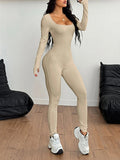 Square Neck Long Sleeve Active Jumpsuit - CELIVINE