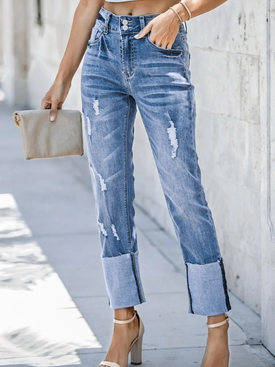 High Waist Distressed Straight Leg Jeans - CELIVINE
