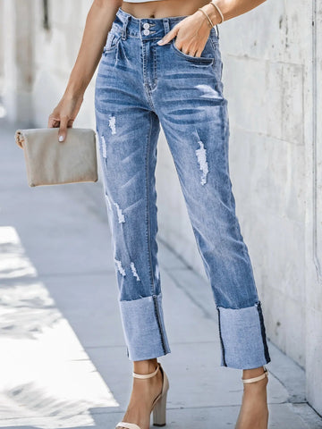 High Waist Distressed Straight Leg Jeans - CELIVINE