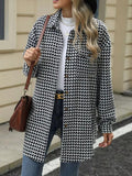Houndstooth Button Up Long Sleeve Coat - CELIVINE