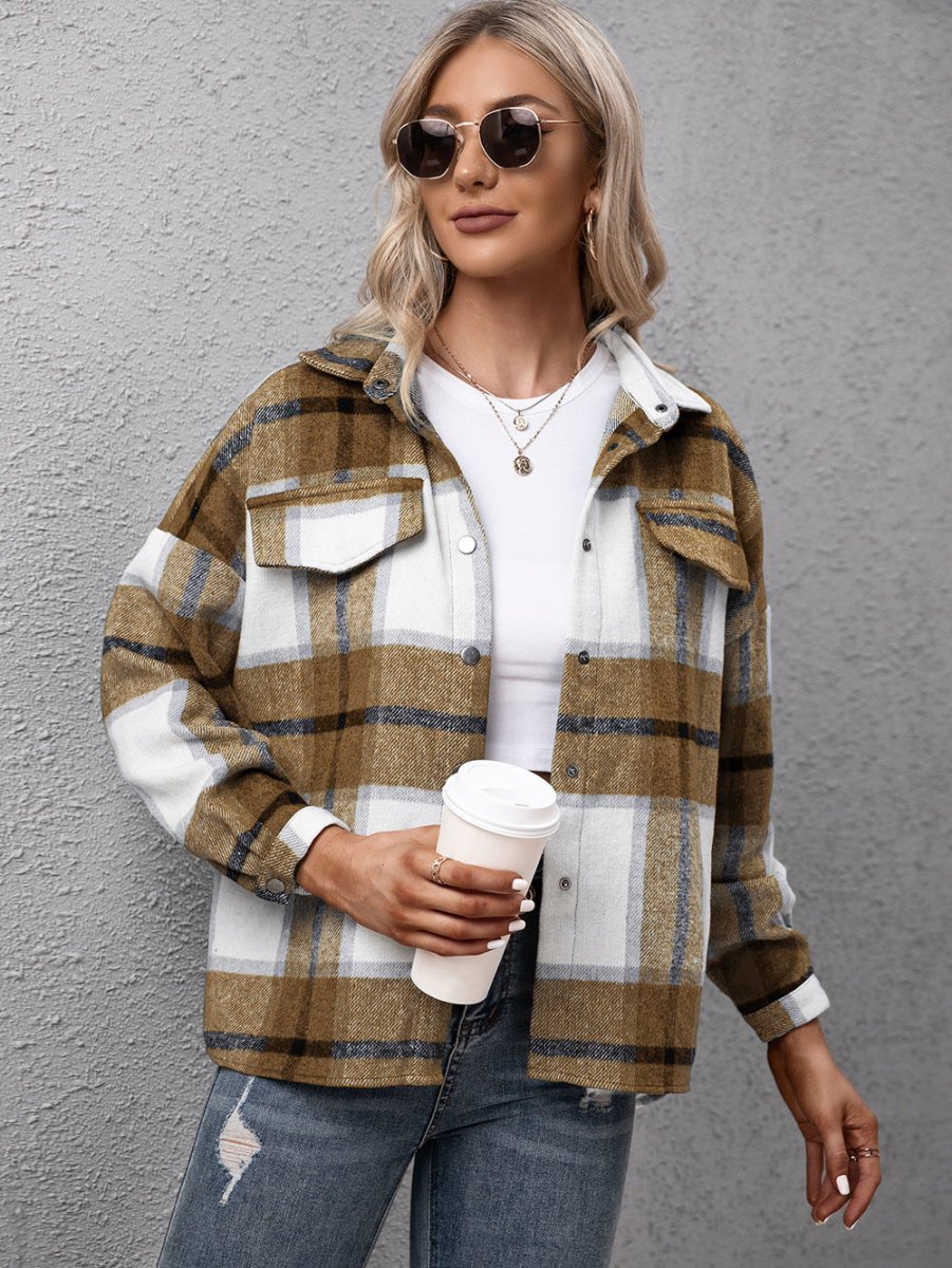 Plaid Long Sleeve Shirt Jacket - CELIVINE