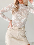 Sheer Floral Lace Mesh Mock Neck Long Sleeve Top - CELIVINE