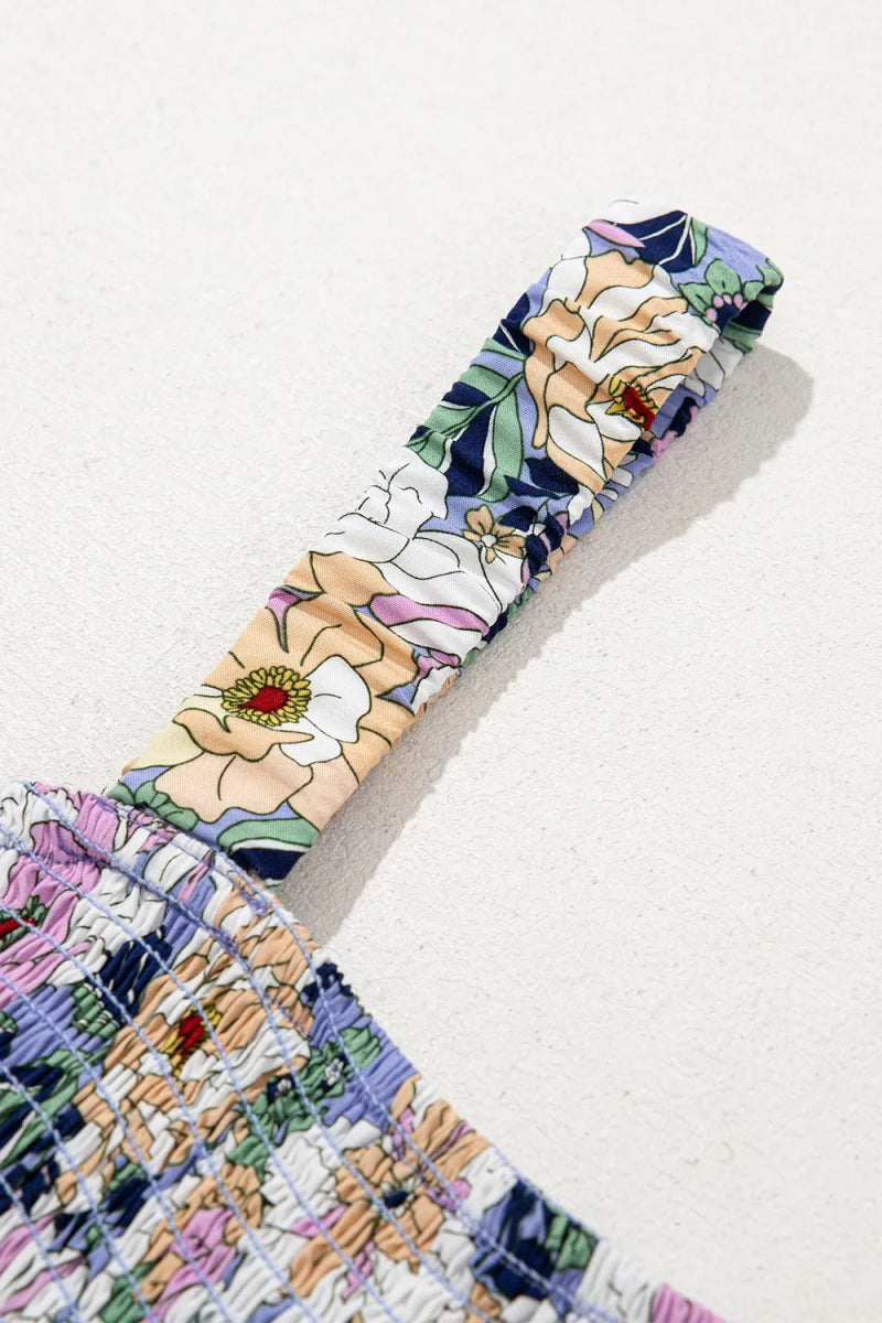 Floral Print Smocked High Waist Square Neck Jumpsuit - CELIVINE