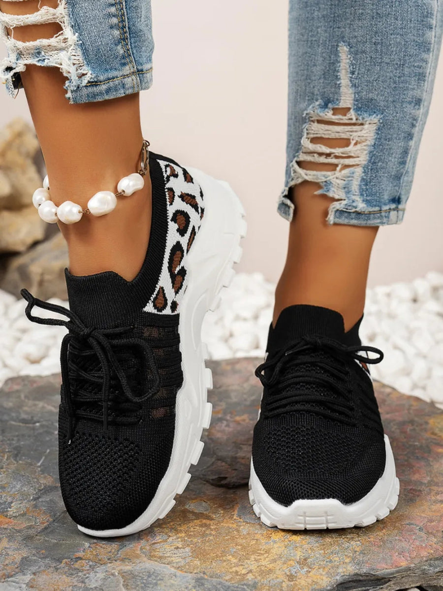 Cutout Leopard Lace Up Mesh Athletic - CELIVINE