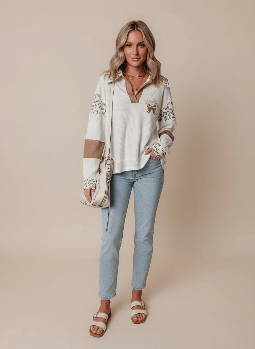 Game Day Bow Embroidered Leopard Color Block Patchwork sweater - CELIVINE