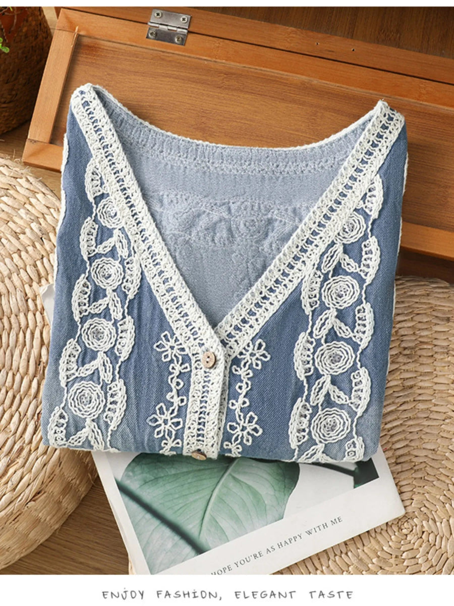 Embroidered Button Up V - Neck Vest Coat - CELIVINE