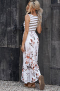 Striped Floral Round Neck Sleeveless Maxi Dress - CELIVINE