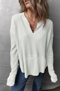 Waffle - Knit Exposed Seam Notched Long Sleeve Top - CELIVINE