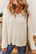 Openwork Round Neck Long Sleeve Sweater - CELIVINE