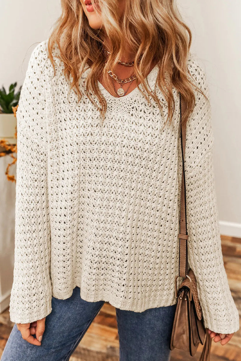 Openwork Round Neck Long Sleeve Sweater - CELIVINE