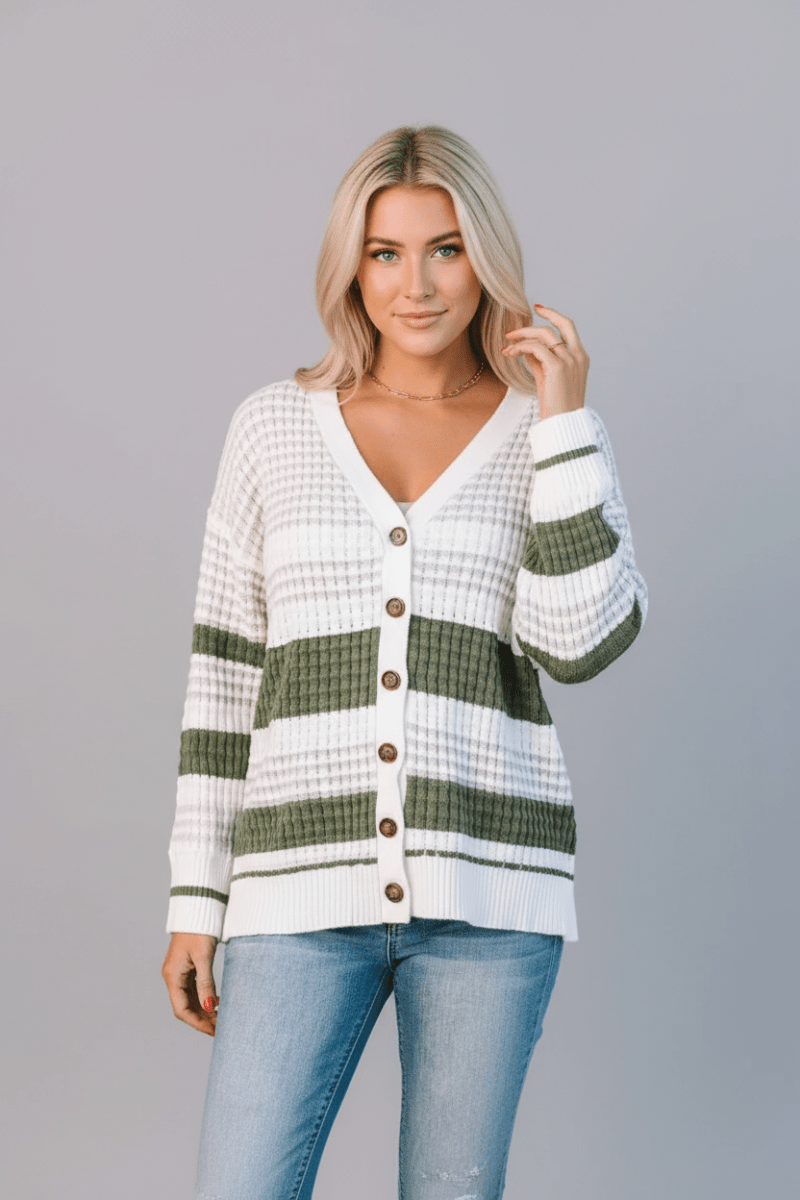 Striped Button Down Cardigan - CELIVINE