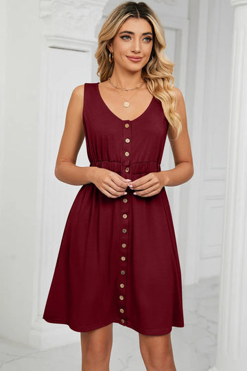 Buttoned Wide Strap Mini Dress - CELIVINE