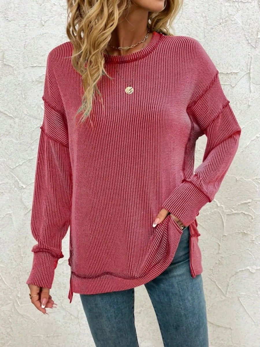 Side Slit Round Neck Dropped Shoulder Sweatshirt - CELIVINE