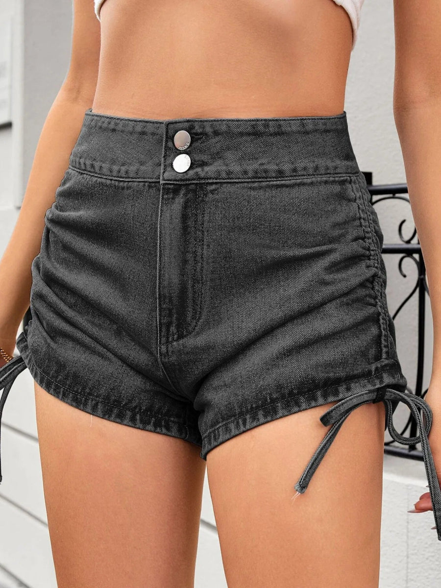 Ruched Side Drawstring Denim Shorts - CELIVINE