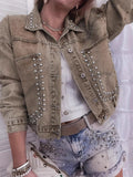 Studded Button Up Denim Jacket - CELIVINE