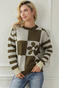 Contrast Round Neck Long Sleeve Sweater - CELIVINE