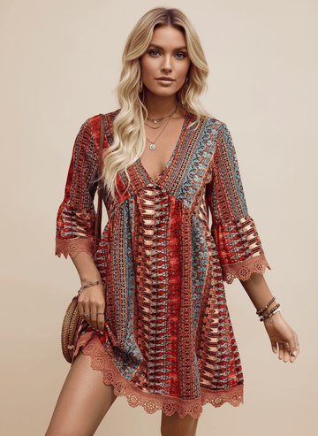Lace Trim Printed V - Neck 3/4 Sleeve Dress - CELIVINE