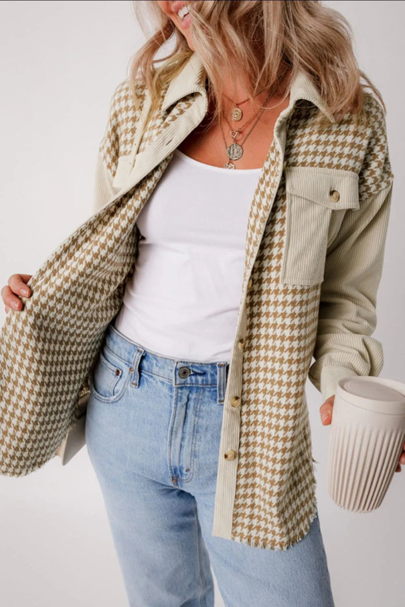 Houndstooth Button Up Long Sleeve Jacket - CELIVINE
