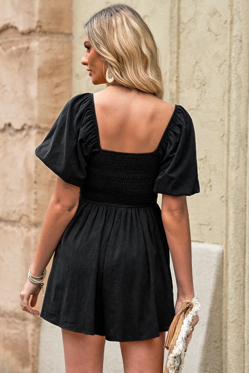 Square Neck Pleated Romper with Pockets - CELIVINE