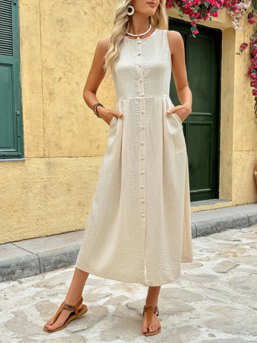 Round Neck Sleeveless Midi Dress - CELIVINE
